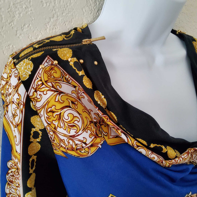 Premise Blue, Black & Gold Blouse with Scoop Neck and Zippered Shoulders, Women's Medium - Trinity Thrift