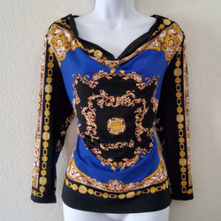 Premise Blue, Black & Gold Blouse with Scoop Neck and Zippered Shoulders, Women's Medium - Trinity Thrift