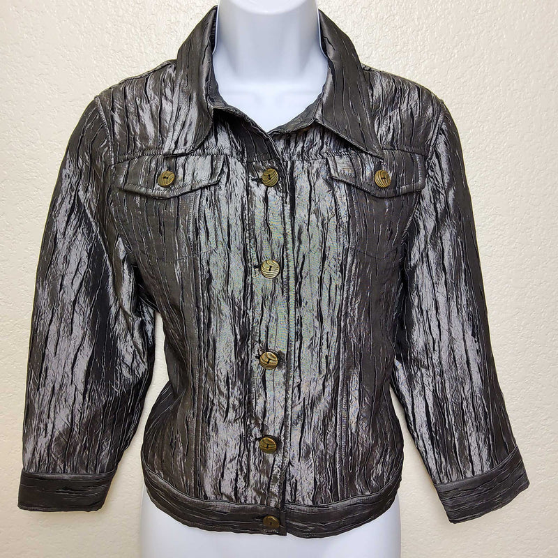 Ruby Rd. Silver Grey Button-up Jacket with Two Breast Pockets, Women's Petite Size 12 - Trinity Thrift