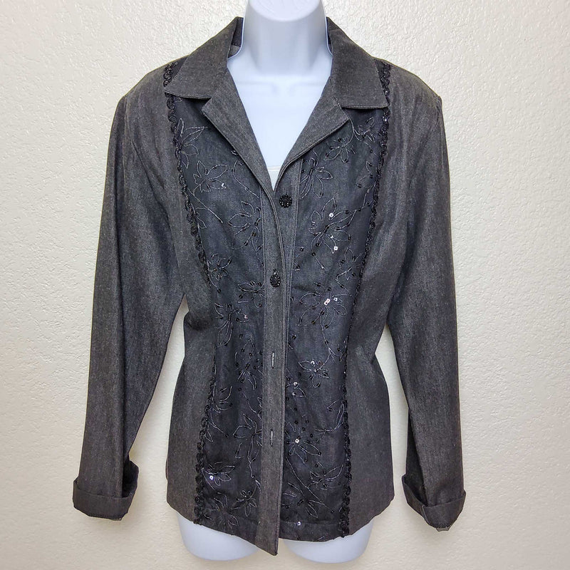 Saint Germaine Charcoal Embroidered and Sequined Long Sleeved Button-up Shirt, Women's Large - Trinity Thrift