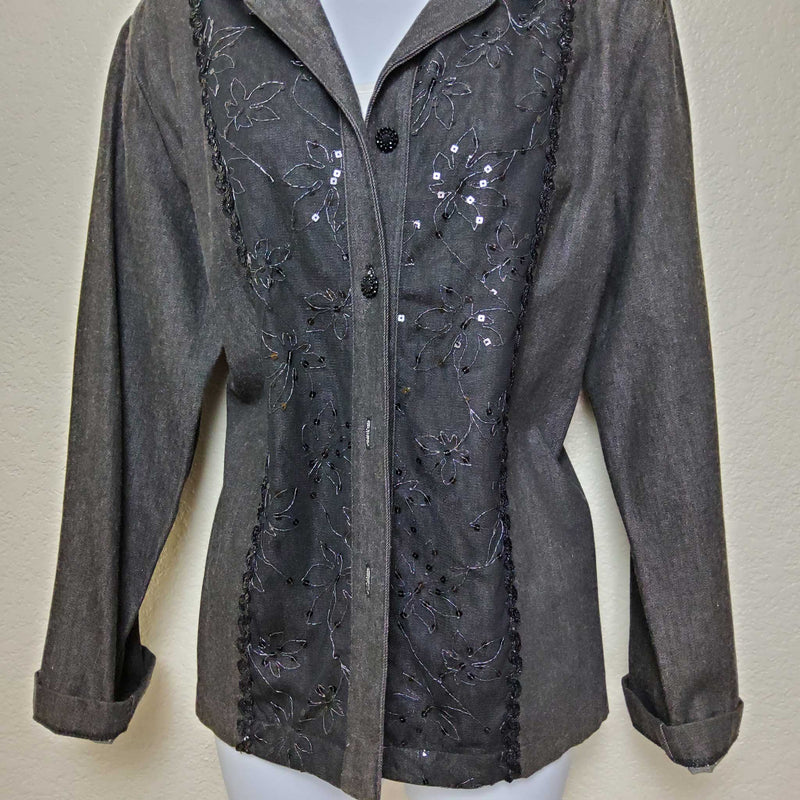 Saint Germaine Charcoal Embroidered and Sequined Long Sleeved Button-up Shirt, Women's Large - Trinity Thrift