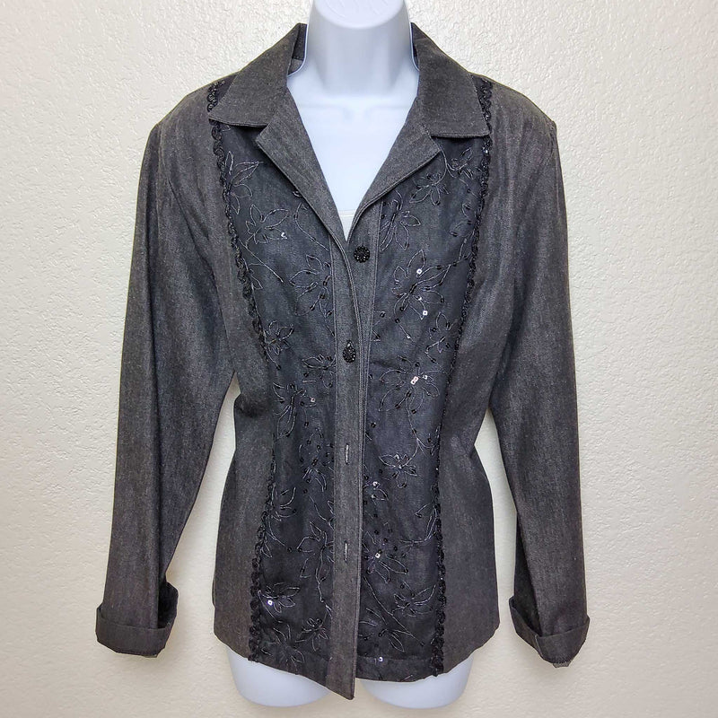 Saint Germaine Charcoal Embroidered and Sequined Long Sleeved Button-up Shirt, Women's Large - Trinity Thrift