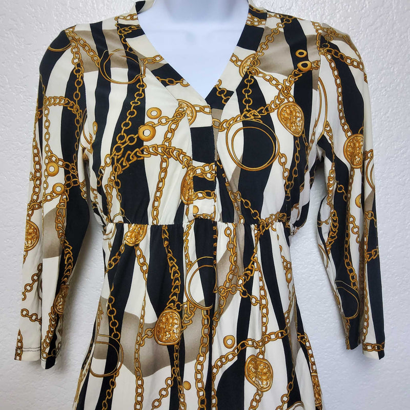 Sirens Gold and Black V-Beck Blouse, Women's Large - Trinity Thrift