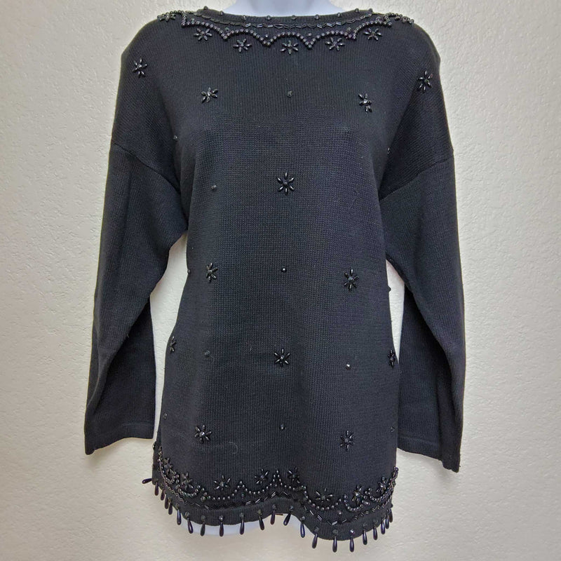 Victoria Jones Black Beaded Pullover Sweater, Women's Medium - Trinity Thrift