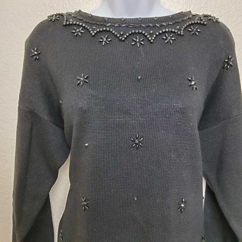 Victoria Jones Black Beaded Pullover Sweater, Women's Medium - Trinity Thrift