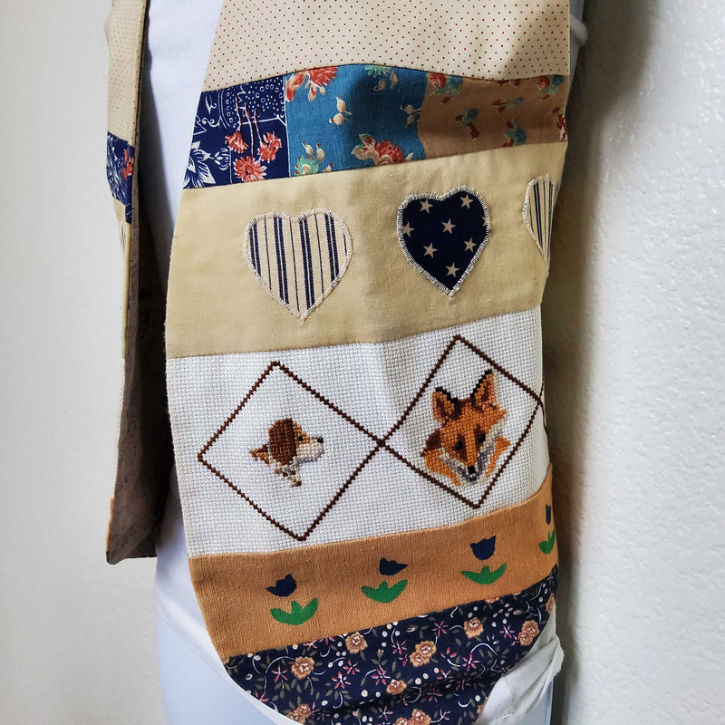 Vintage Beige Western Themed Vest with Tapestry Patchwork, Women's Large - Trinity Thrift