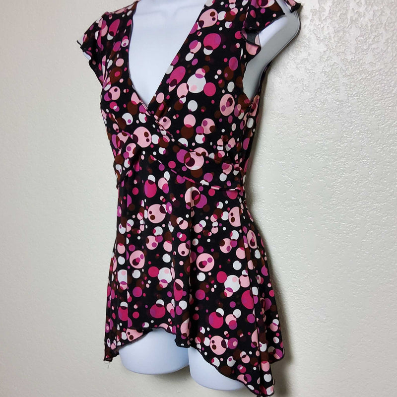 Vol. 1 Black and Pink Polka Dot Tie Back Cap Sleeve Blouse, Women's Medium - Trinity Thrift