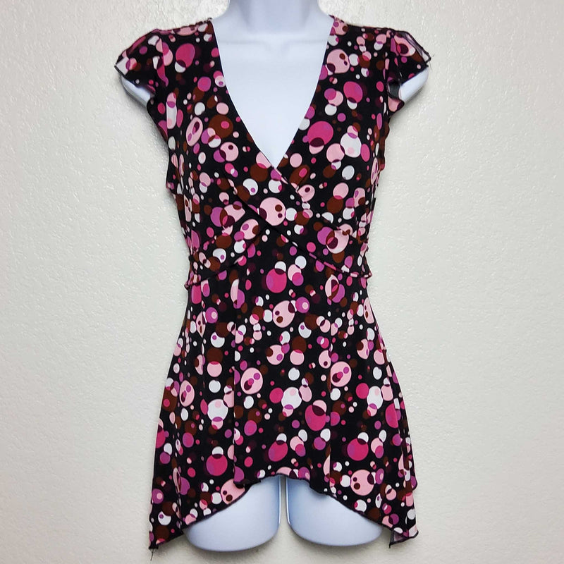 Vol. 1 Black and Pink Polka Dot Tie Back Cap Sleeve Blouse, Women's Medium - Trinity Thrift