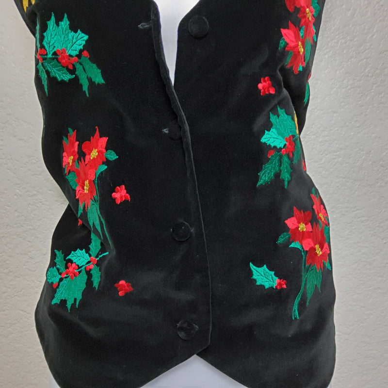 Westbound Black Christmas Vest with Embroidered Holly, Women's Petite Large - Trinity Thrift