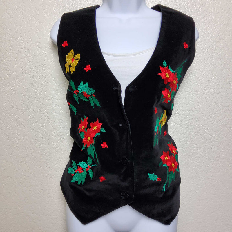 Westbound Black Christmas Vest with Embroidered Holly, Women's Petite Large - Trinity Thrift