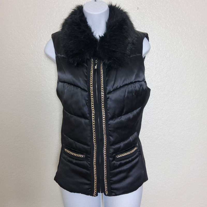 White House Black Market Black Tank Vest with Fur Collar, Women's Medium